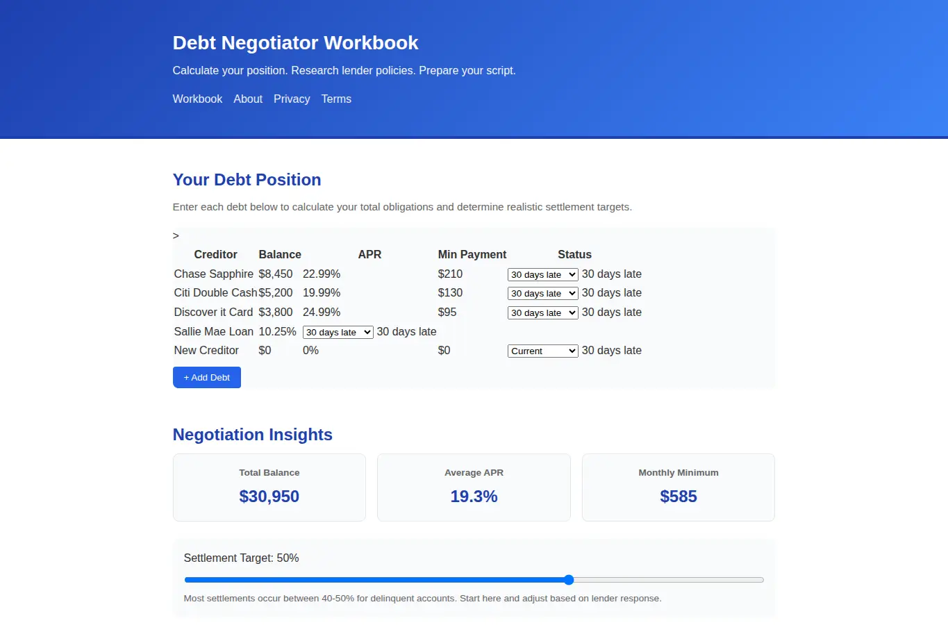 Screenshot of Debt Negotiator Workbook interface showing the project page in use